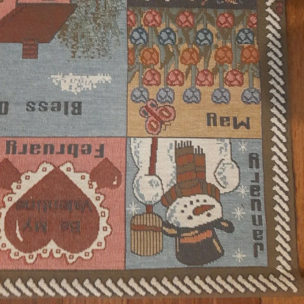 Vintage 19 X 21 Tapestry Holiday Months of the Year Banner Wall Hanging AS IS